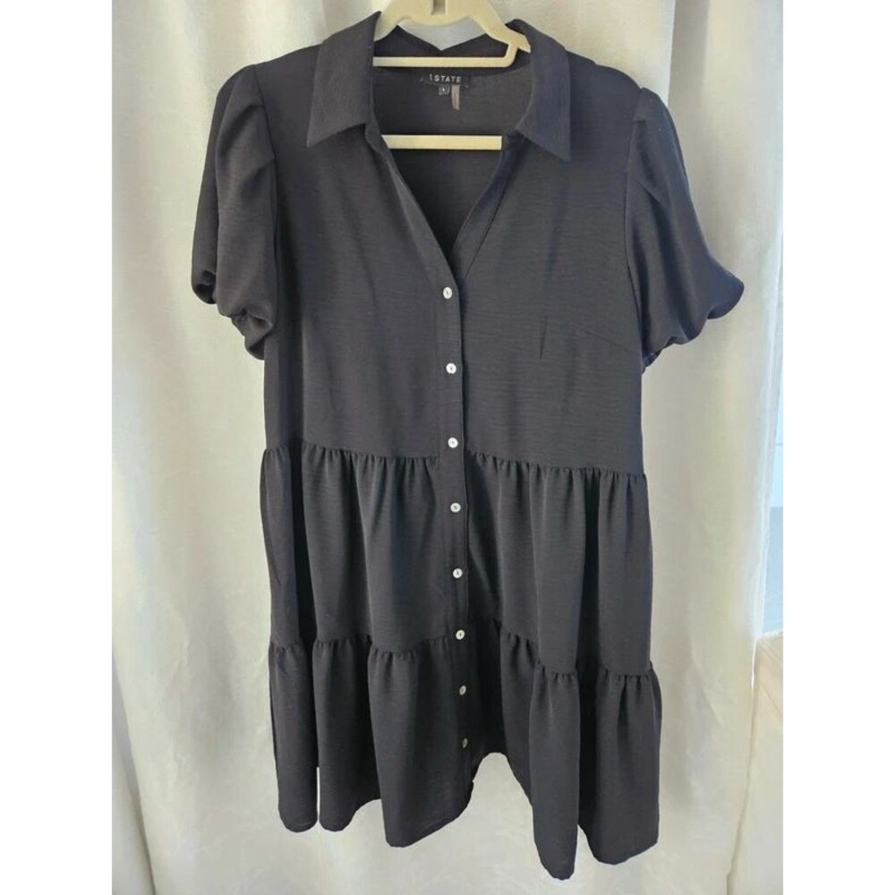 1.STATE Black Button-Front Tiered Babydoll Mini Shirt Dress Short Sleeve Size L
